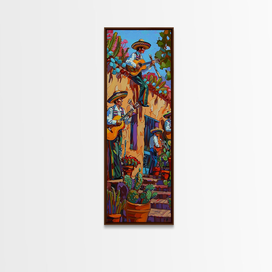 Tall and Narrow Mexican Style Mariachi Band Printed on Framed Canvas, Colorful Botanical Canvas Art, Maximalist Wall Art Print, Spanish Art