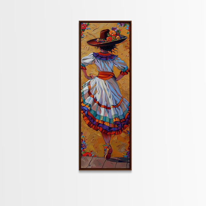 Textured Canvas Painting Print of Mexican Flamenco Dancer, Spanish Framed Art, Rustic Wall Art Print for Living Room, Oversized Vertical Art