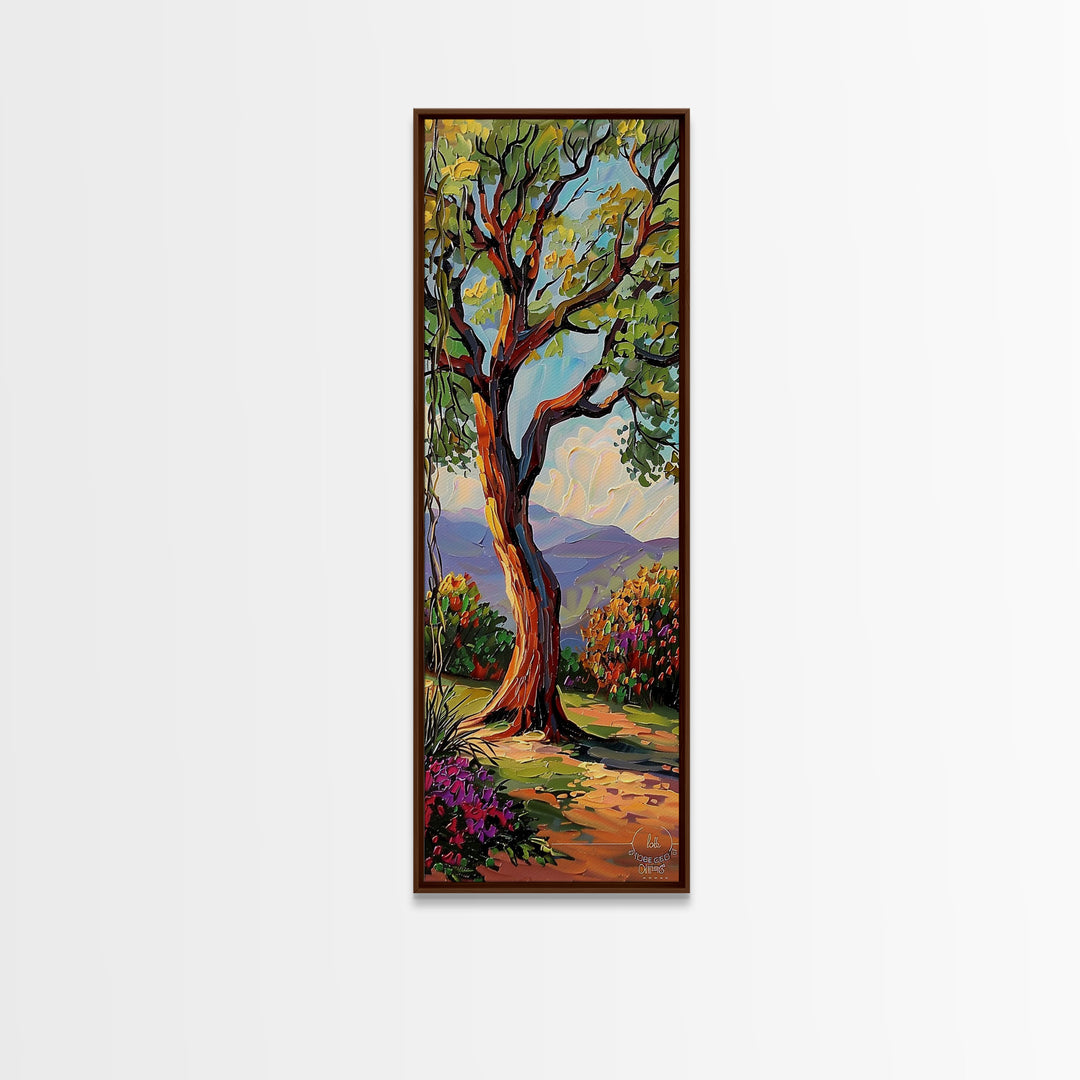 Vertical Botanical Canvas Print of Mountain Landscape Framed, Colorful Textured Canvas Art, Tree Art, Abstract Modern Art for Living Room