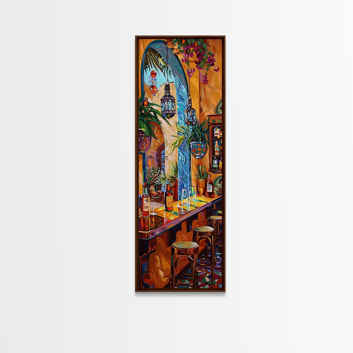 Spanish Inspired Bar Art Canvas Painting Framed, Still Life Art for Kitchen, Abstract Oil Painting, Vertical Framed Wall Art for Kitchen