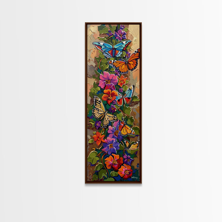 Colorful Abstract Framed Butterfly Canvas Art, Gouache Style Painting, Botanical Wall Art, Oversized Long Narrow Wall Art for Bedroom