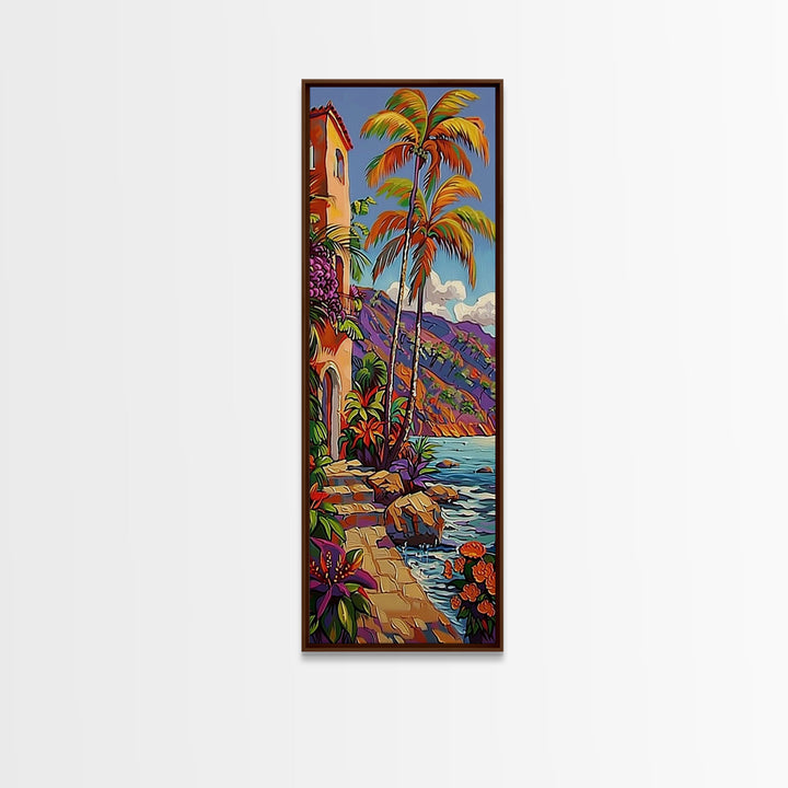 Impasto Painting of Capri Inspired Coast Framed on Canvas, Vertical Tall and Narrow Canvas Painting, Textured Coastal Beach Print, Tropical Art