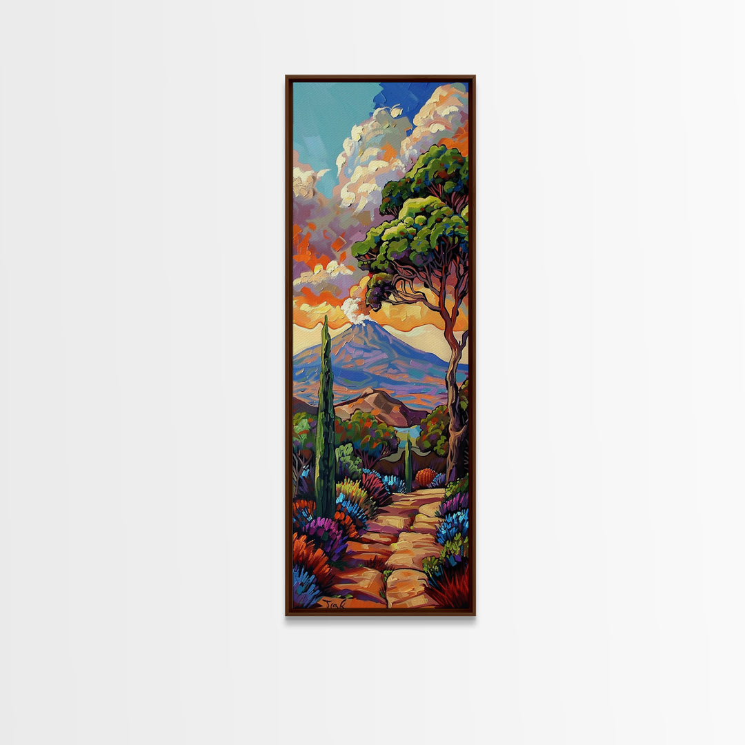 Colorful Textured Canvas Painting of Erupting Volcano Landscape, Tall and Narrow Vertical Art for Office, Mountain Wall Art Prints Framed