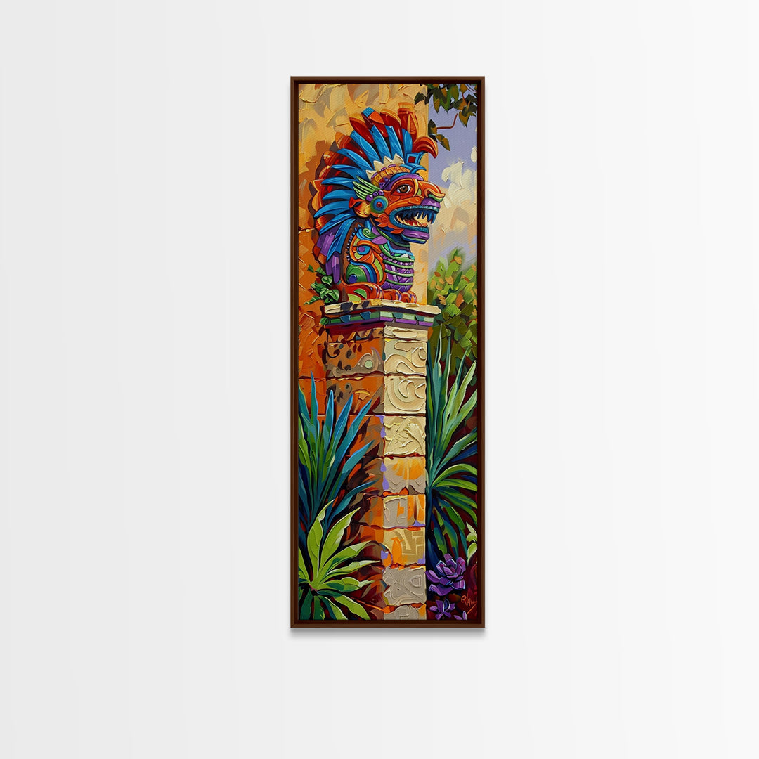 Aztec Inspired Canvas Painting Framed and Printed, Long Narrow Wall Art for Large Space, Beach House Wall Art, Tropical Wall Art Print