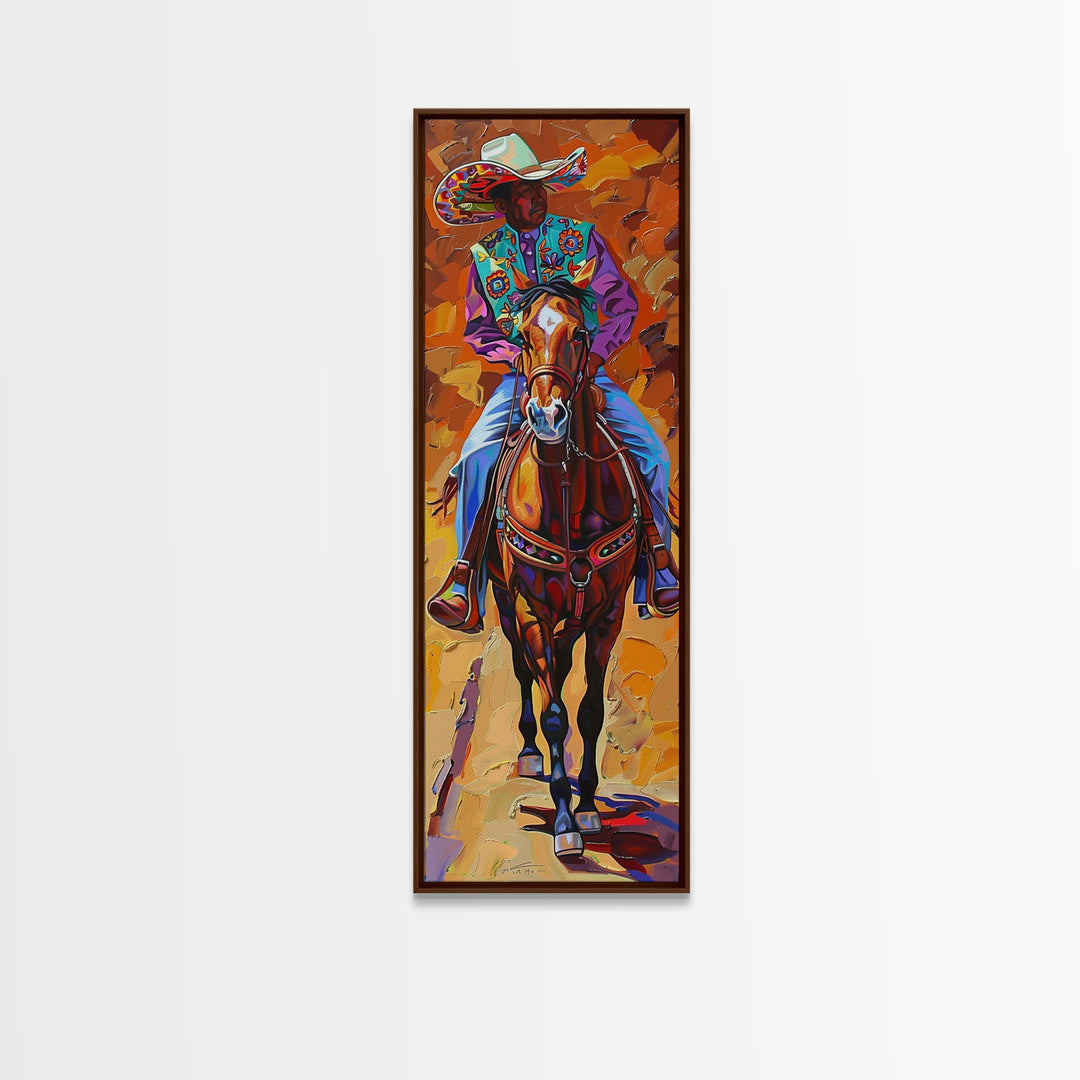 Vertical Acrylic Painting of Colorful Jalisco Cowboy Riding Horse Framed and Printed on Canvas, Mexican Inspired Wall Art for Living Room