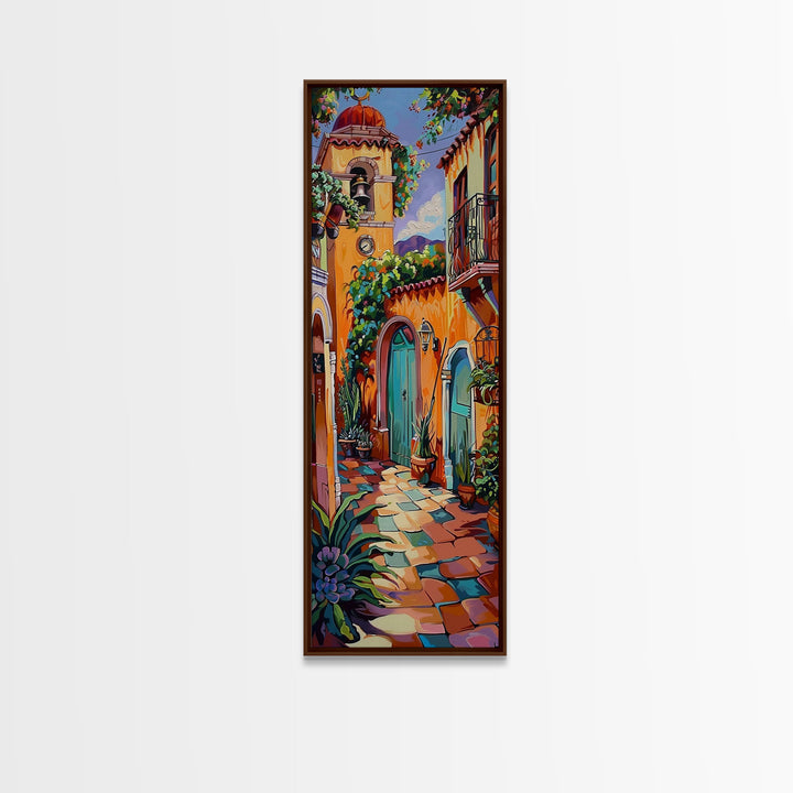 Rustic Colorful Mexican Inspired Hacienda Canvas Painting Framed, Spanish Wall Art Print, Vertical Tall and Narrow Wall Art for Large Space