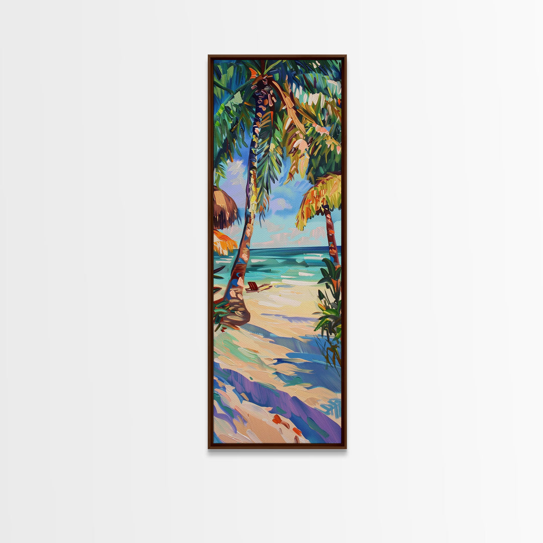 Tropical Wall Art Canvas of Ocean Landscape, Acrylic Gouache Style Canvas Art Framed and Printed, Long and Narrow Modern Abstract Art