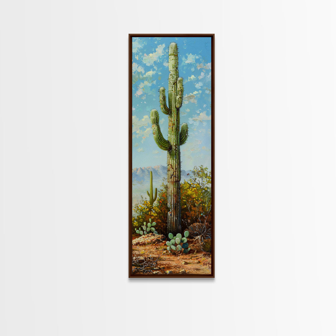 Framed Printed Acrylic Canvas Painting of Saguaro Cactus, Colorful Desert Art Print, Modern Western Wall Art Print, Office Wall Decor