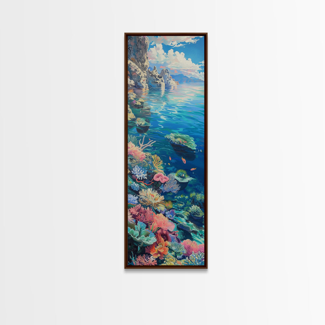 Tall and Narrow Vibrant Coral Reef Coastal Art Framed on Canvas, Ocean Painting, Tropical Coast Wall Art, Modern Art Print for Living Room