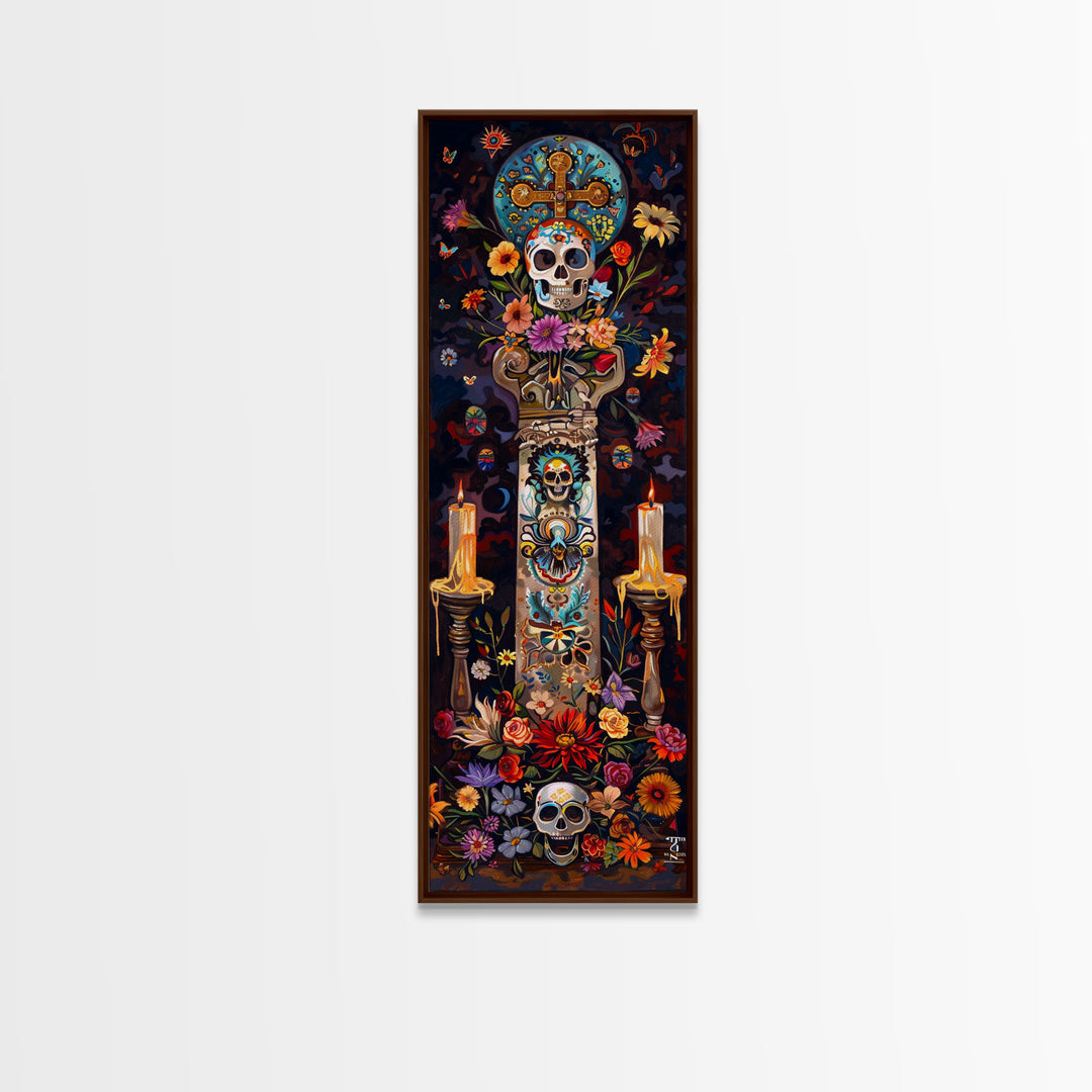 Dia De Los Muertos Sugar Skull Canvas Painting, Gothic Wall Art Print, Skinny Framed Canvas Art, Colorful Day of The Dead Poster Art