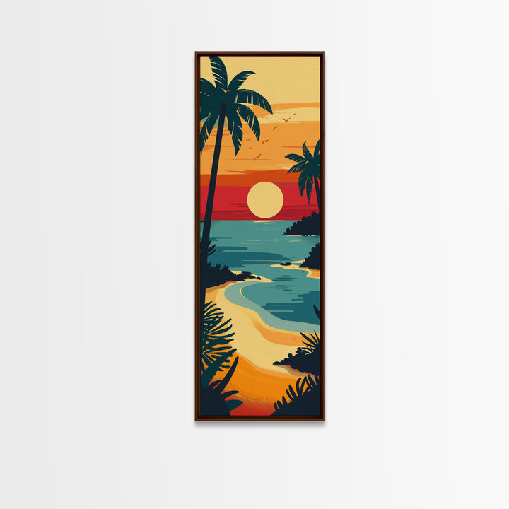 Sunset Beach with Palm Trees and Ocean View - Framed Canvas Print, Midcentury Modern Wall Art, Skinny Art, Tall Art, Living Room Decor