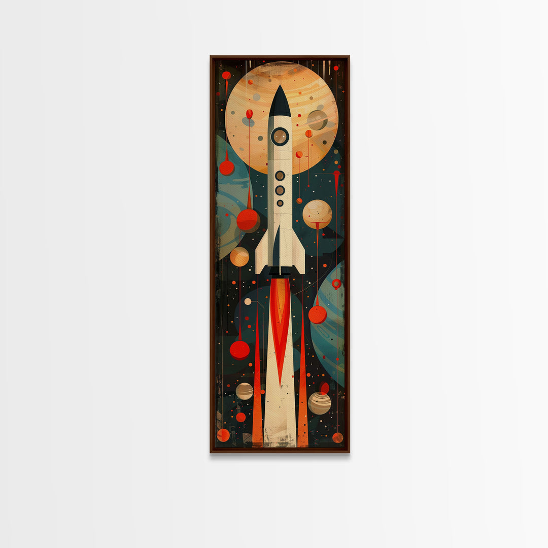 Vintage Rocket Launch Art - Framed Canvas Print, Midcentury Modern Skinny Art, Tall Wall Art for Living Room or Bedroom Decor