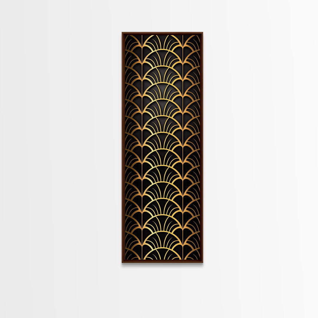 Abstract Gold Geometric Pattern on Black Background - Framed Canvas Print, Art Deco Style, Skinny Art, Tall Art, Midcentury Modern Art, Living Room Wall Decor