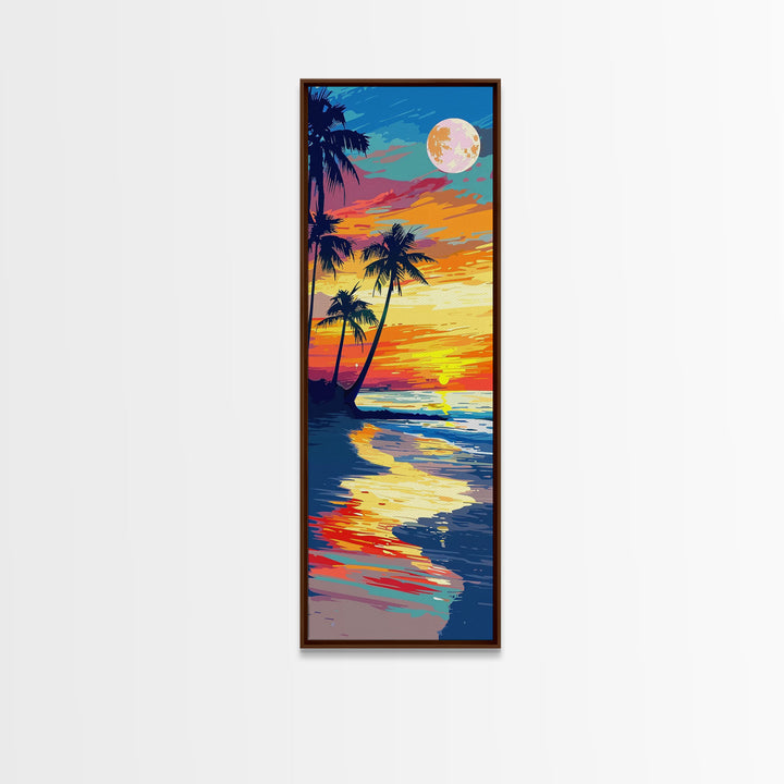 Vibrant Tropical Sunset Midcentury Modern Art - Framed Canvas Print, Boho Art, Skinny Art, Living Room Art, Bedroom Decor, Coastal Landscape