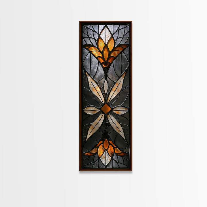 Amber and White Stained Glass Floral Design - Framed Canvas Print, Midcentury Modern Art, Skinny Art, Tall Art, Living Room Wall Decor, Boho Art