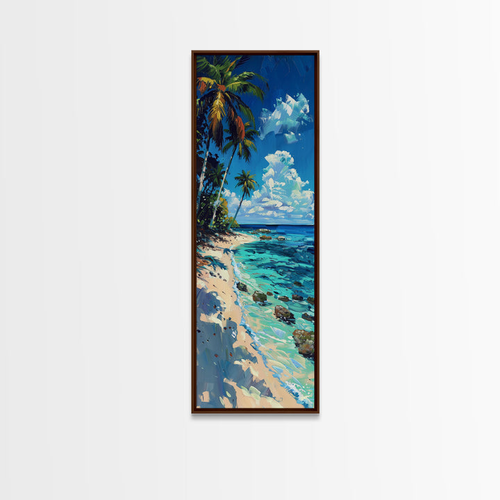 Tropical Beach Scene With Palm Trees Skinny Art Framed Canvas Print For Living Room Or Bedroom Wall Art