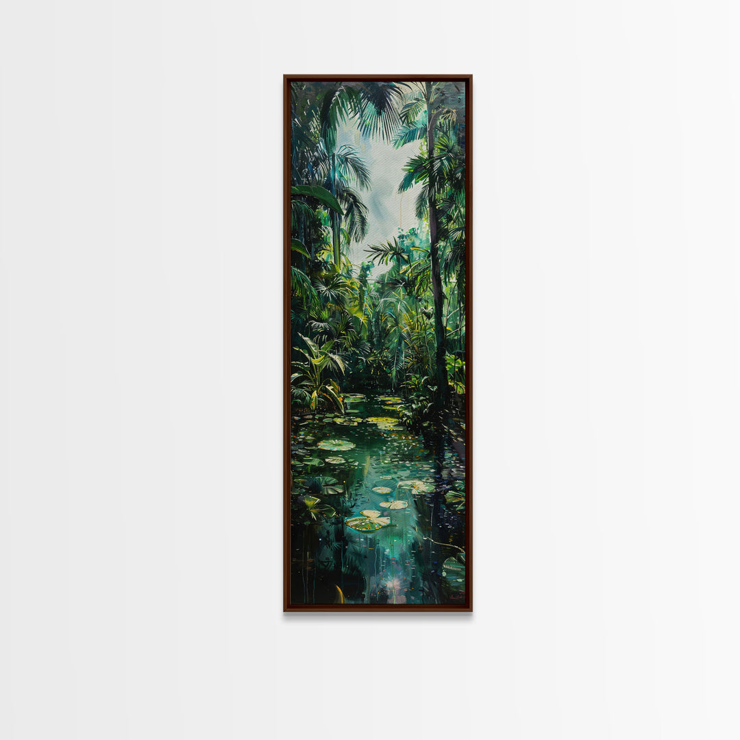 Tropical Island Paradise Scene With Mountain Reflections Skinny Art Framed Canvas Print For Living Room Or Bedroom Wall Art