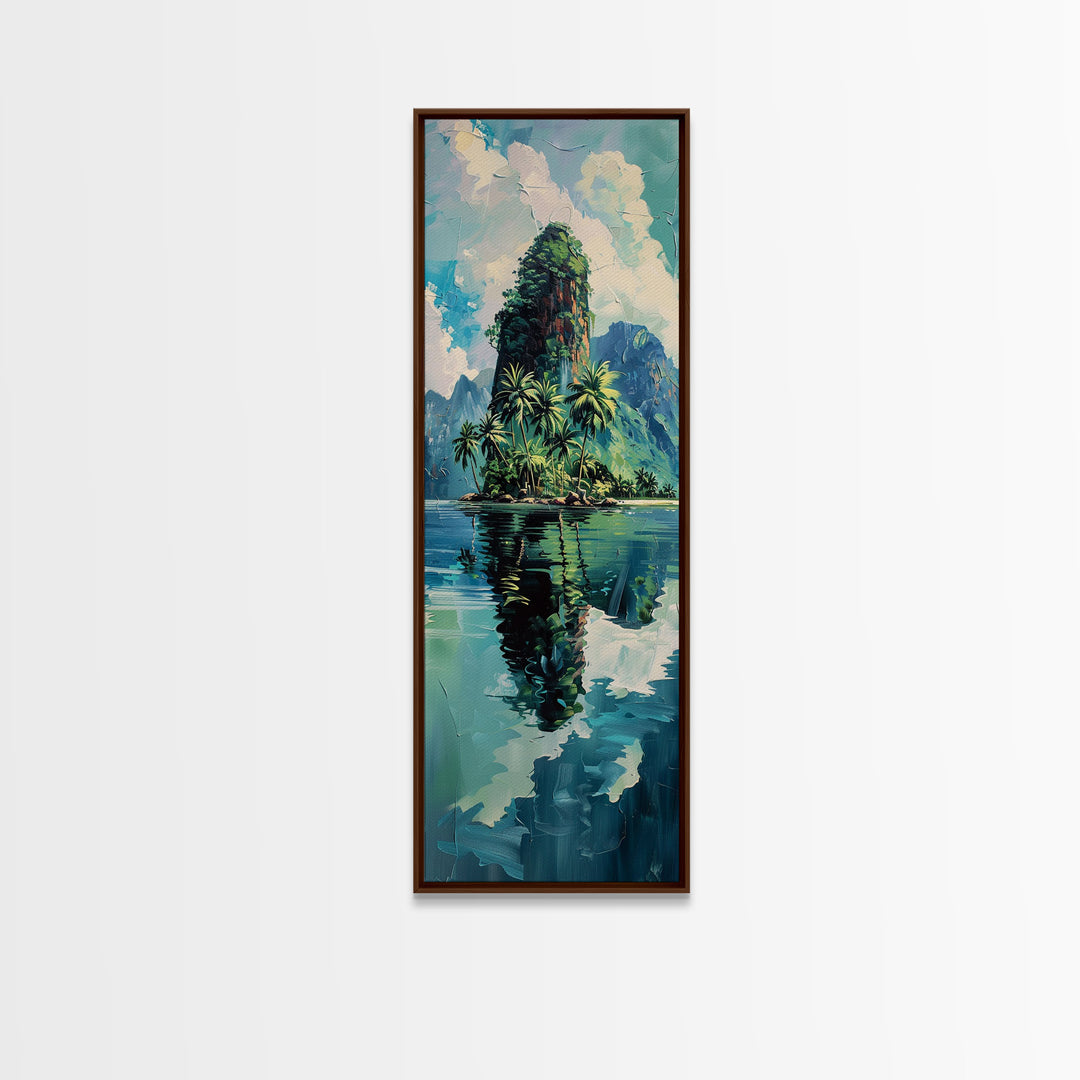 Tropical Island Paradise Scene With Mountain Reflections Skinny Art Framed Canvas Print For Living Room Or Bedroom Wall Art