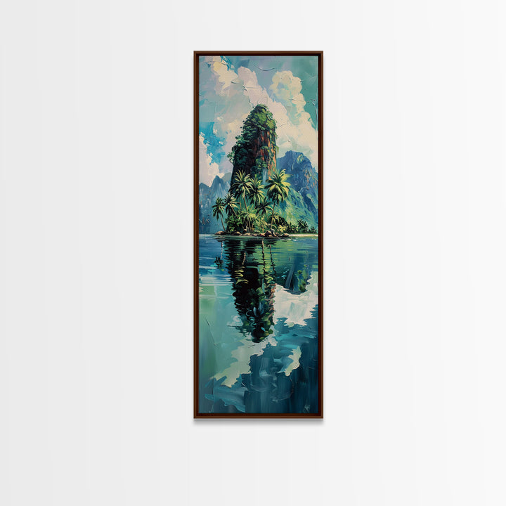 Tropical Island Paradise Scene With Mountain Reflections Skinny Art Framed Canvas Print For Living Room Or Bedroom Wall Art