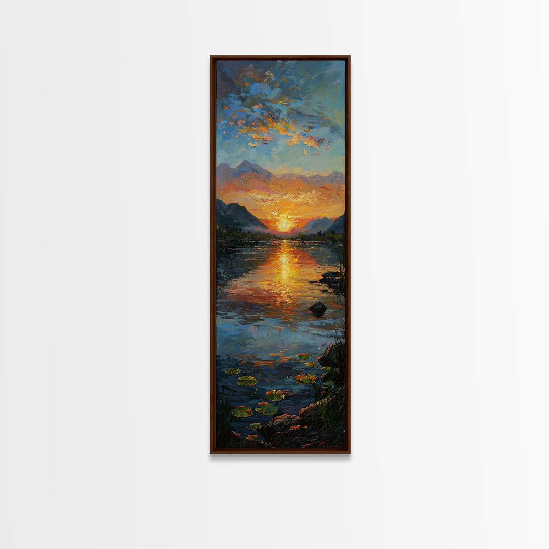 Vibrant Sunset Over Lake Art - Framed Canvas Print, Skinny Tall Art, Landscape Painting, Wall Art for Living Room, Bedroom Decor, Sunset Art