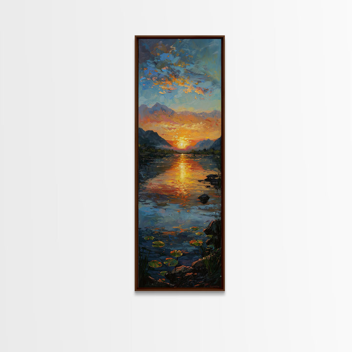 Vibrant Sunset Over Lake Art - Framed Canvas Print, Skinny Tall Art, Landscape Painting, Wall Art for Living Room, Bedroom Decor, Sunset Art