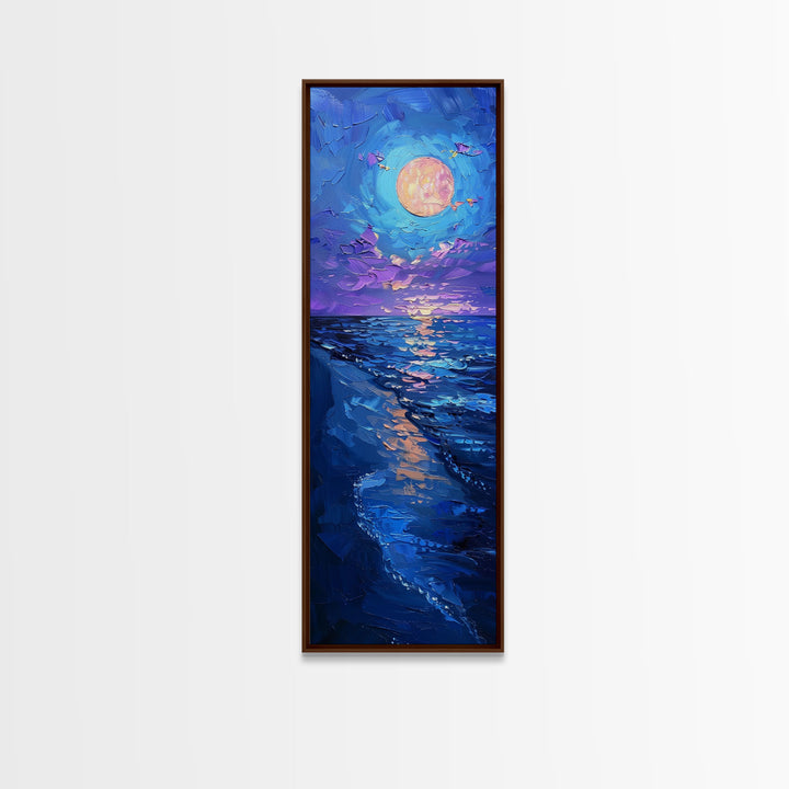 Vibrant Night Sky Over the Ocean with Full Moon, Skinny and Tall Art, Bold and Colorful Framed Canvas Print, Landscape Wall Art