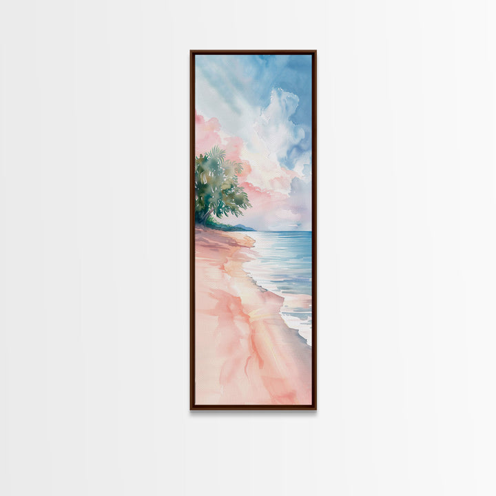 Tropical Beach Watercolor Art - Framed Canvas Print, Skinny Tall Art, Coastal Landscape Wall Art, Living Room Decor, Bedroom Art, Tropical Print