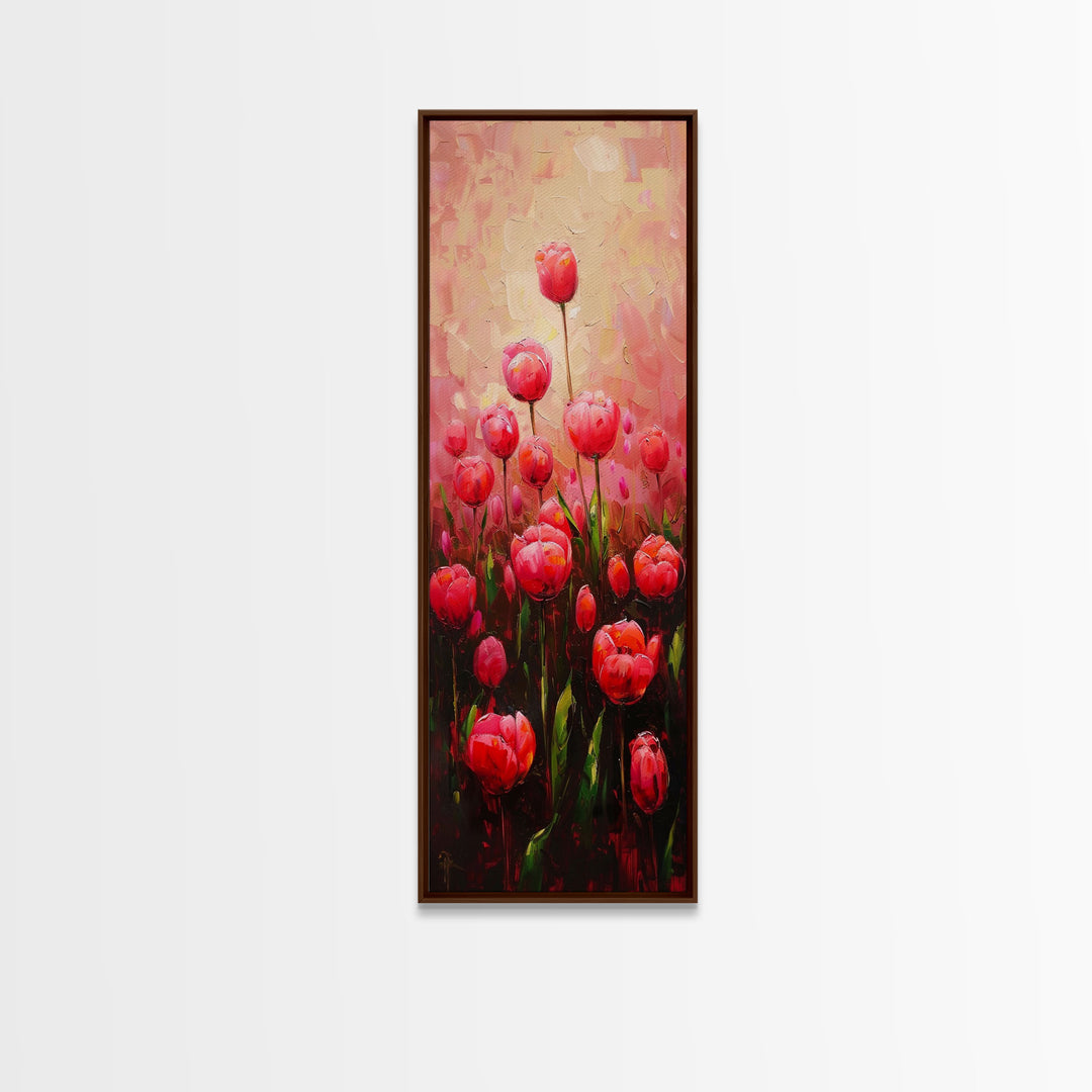 Vibrant Red Tulips in Bloom Against a Soft Pink Background on a Framed Canvas Print Skinny Art Piece