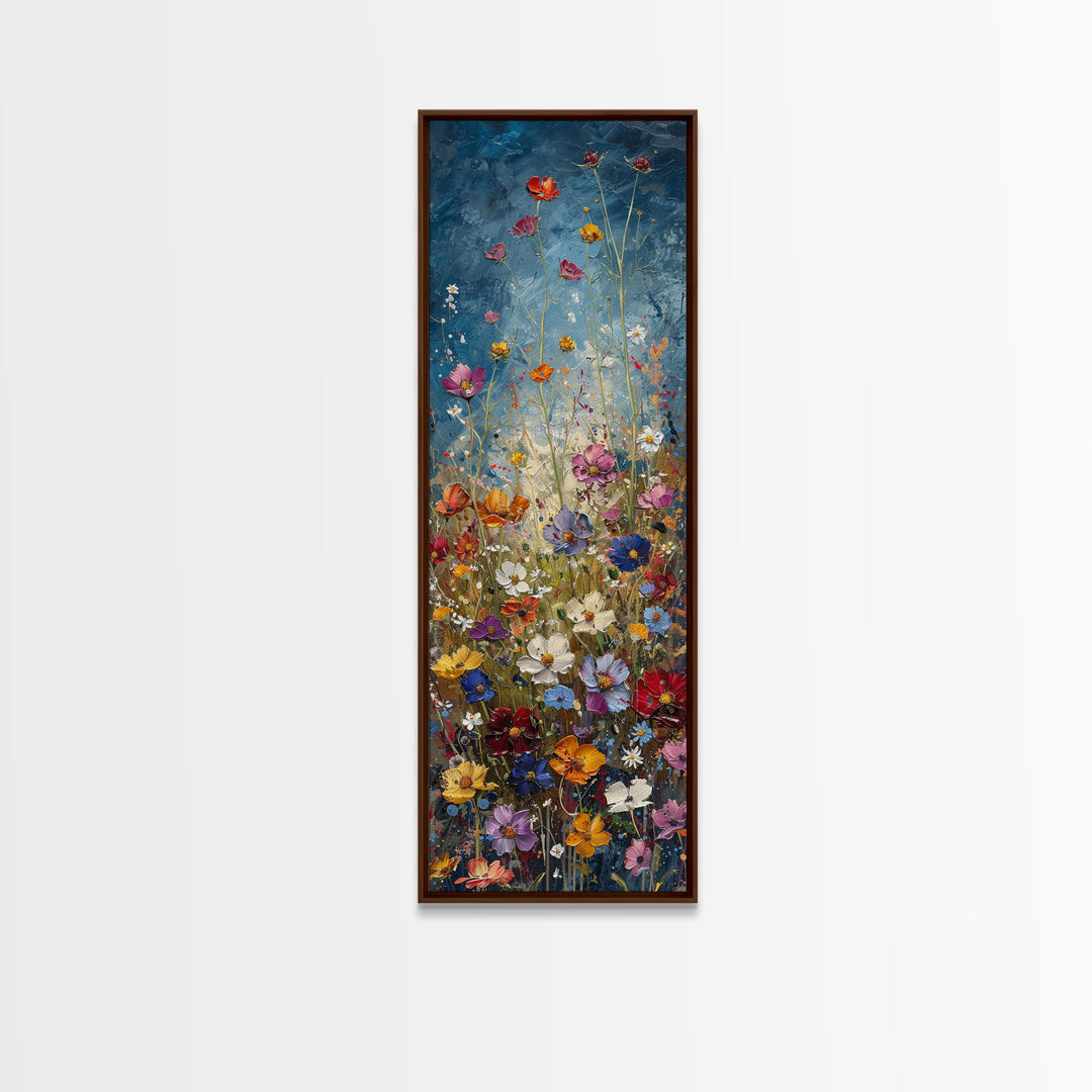 Wildflowers Blooming Against a Dramatic Sky in a Lush Meadow on a Framed Canvas Print Tall Art Piece