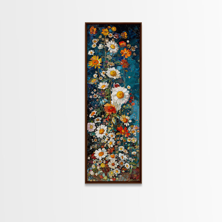 Tall Skinny Art of Vibrant Floral Mosaic on Blue Background as Framed Canvas Print for Bright Wall Decor and Home Interiors