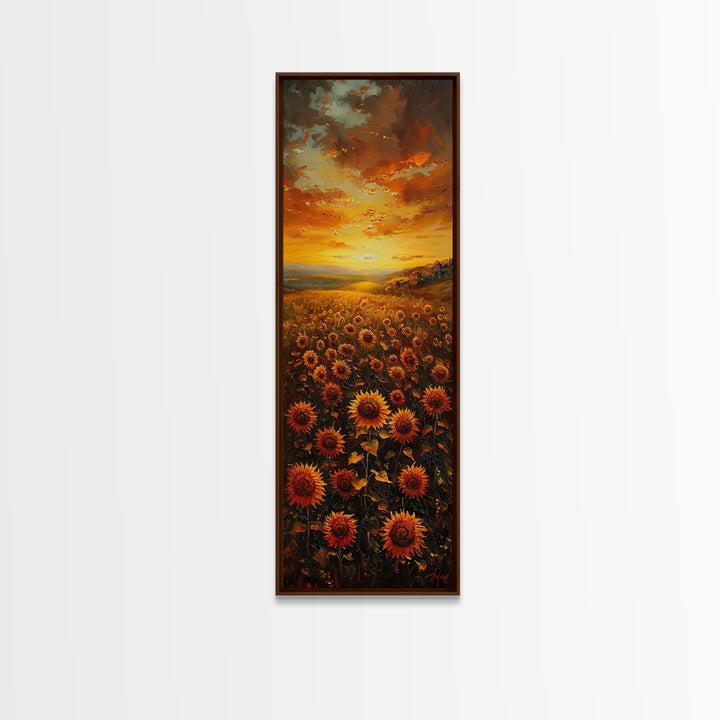 Sunflowers in Golden Sunset, Tall Skinny Art Framed Canvas Print Ideal for Warm Wall Decor in Living Rooms or Bedrooms