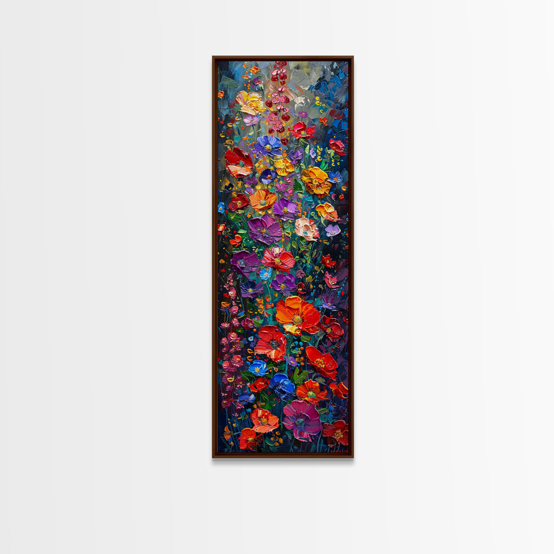 Vibrant Floral Cascade on Textured Canvas as Tall Skinny Art Framed Canvas Print for Colorful Wall Decor in Modern Interiors