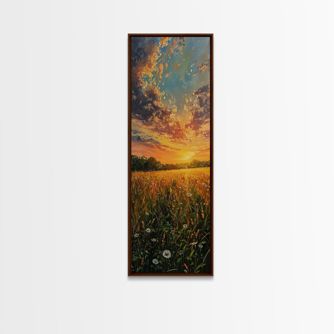 Wheat Fields At Sunset Framed Canvas Print - Beautiful Wall Art - Skinny Art - Tall Art - Statement Piece - Living Room Decor