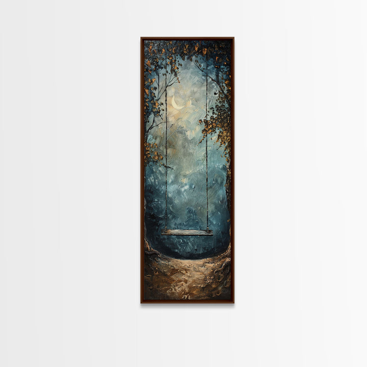 Tree Swing At Midnight Framed Canvas Print, Secret Garden, Dark Academia, Whimsical Minimalist Wall Art, Night Time Under a Crescent Moon