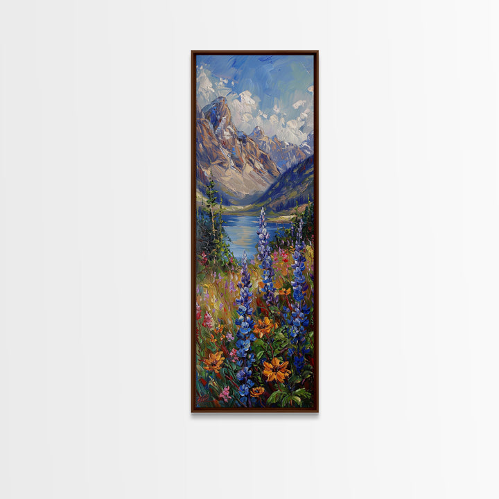 Wildflowers and Mountains, Springtime in Colorado, Framed Canvas print, Oil Painting Print, Living Room Decor, Tall Art, Wood Frame Wall Art, Home Decor