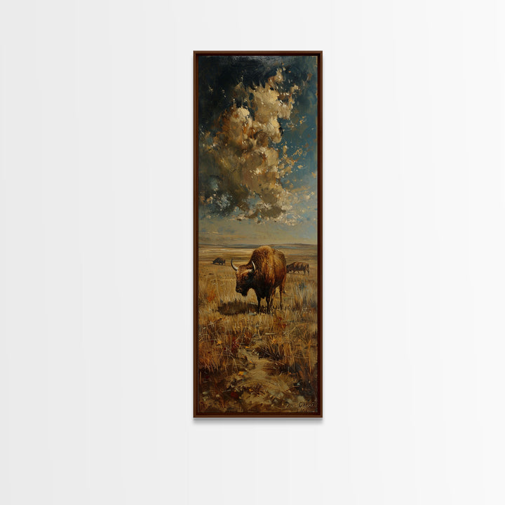 Wild Buffalo On The Oklahoma Prairie, Framed Canvas Print, Minimalist Farmhouse Decor Oil Painting Print