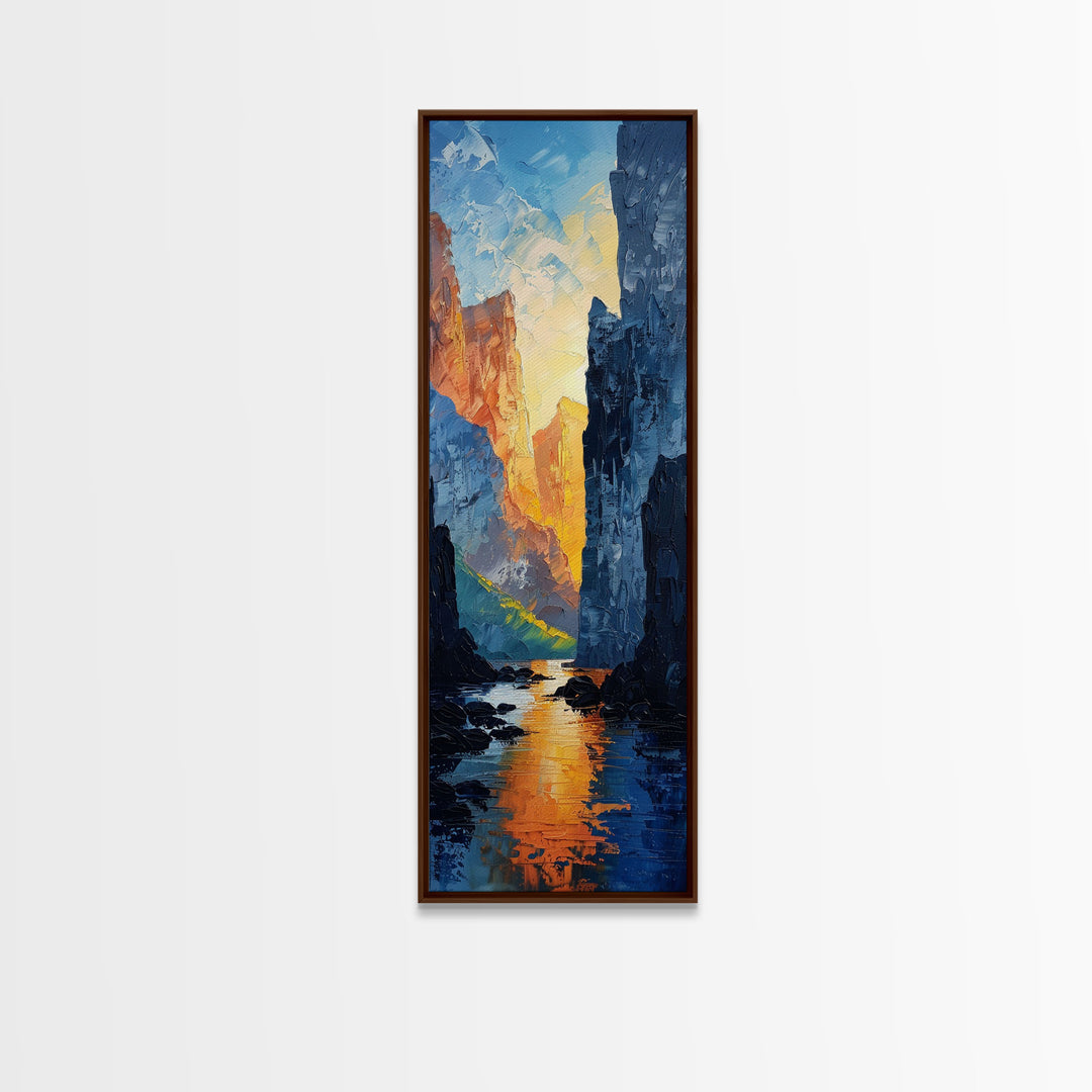 Sunset Peaks Through The Mountain Valley, Framed Canvas Print, Retro MCM Inspired Landscape Painting, Living Room Or Office Decor