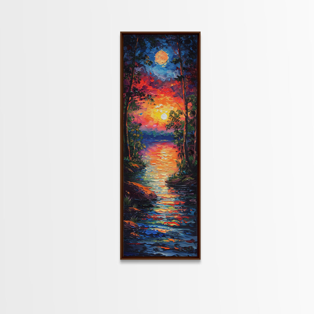 Sunset and Full Moon Over The lake Framed Canvas Print, Nature Decor, Landscape Oil Painting Print Wall Art, Skinny / Tall Art for Small Spaces