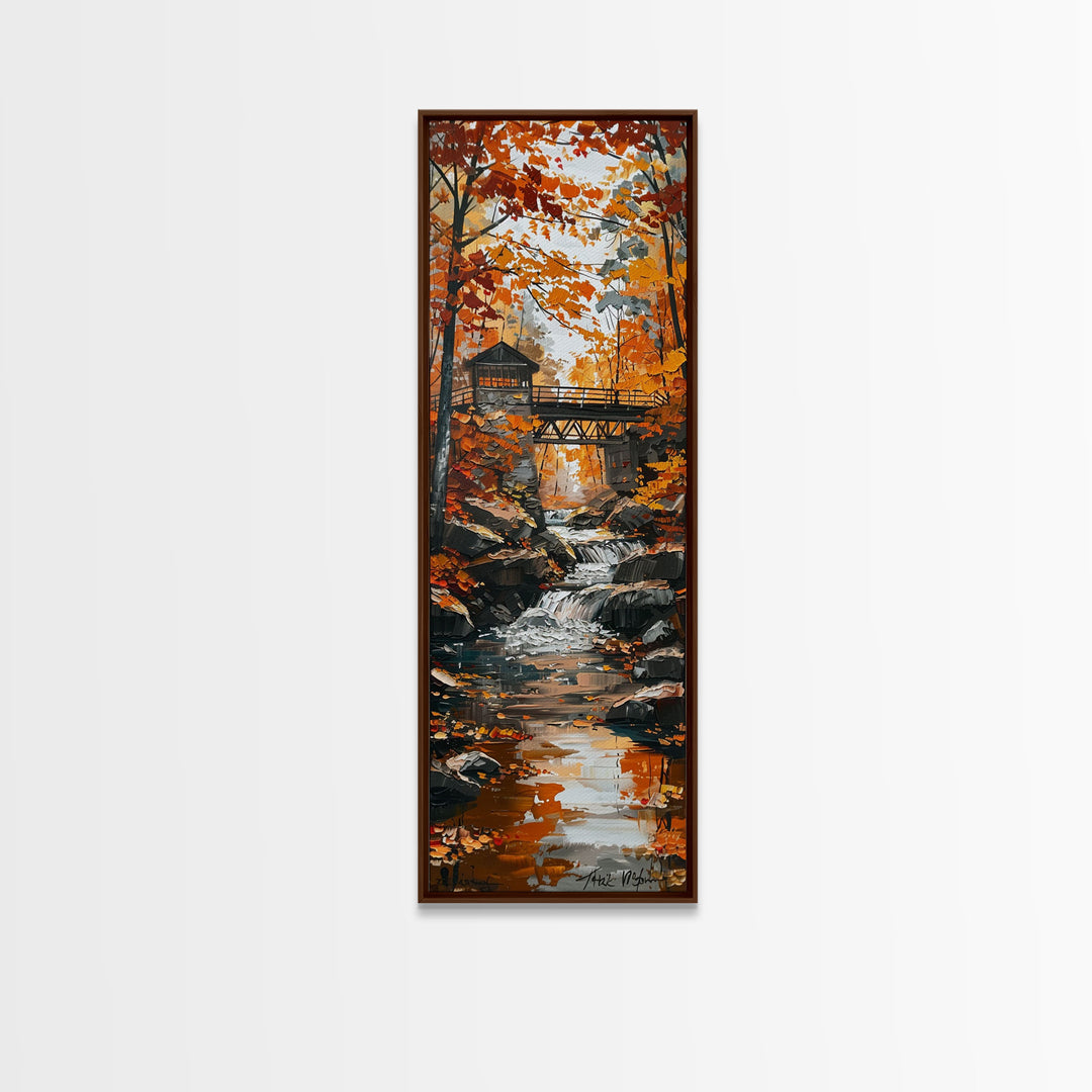 The Autumn Bridge, Framed Canvas print, New England Landscape Painting Print, Wall Art, Home Decor