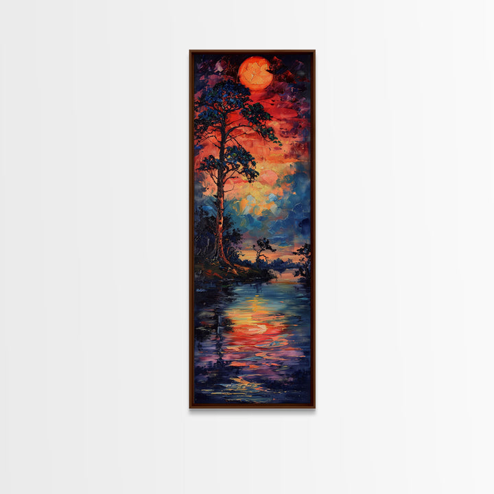 Sunset At The Lake, Framed Canvas Print, Colorful Gift Idea, Housewarming, Tall / Skinny Panoramic Painting Print, Living Room Wall Art