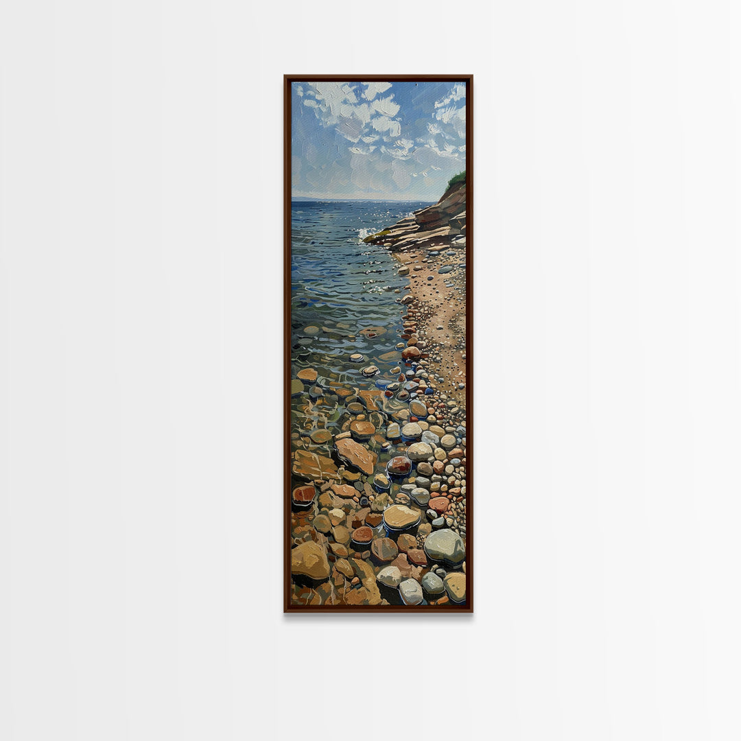 Tranquil Shoreline With Colorful Pebbles, Rustic Farmhouse Art On Framed Canvas, Minimalist Coastal Wall Art In Tall Canvas Print