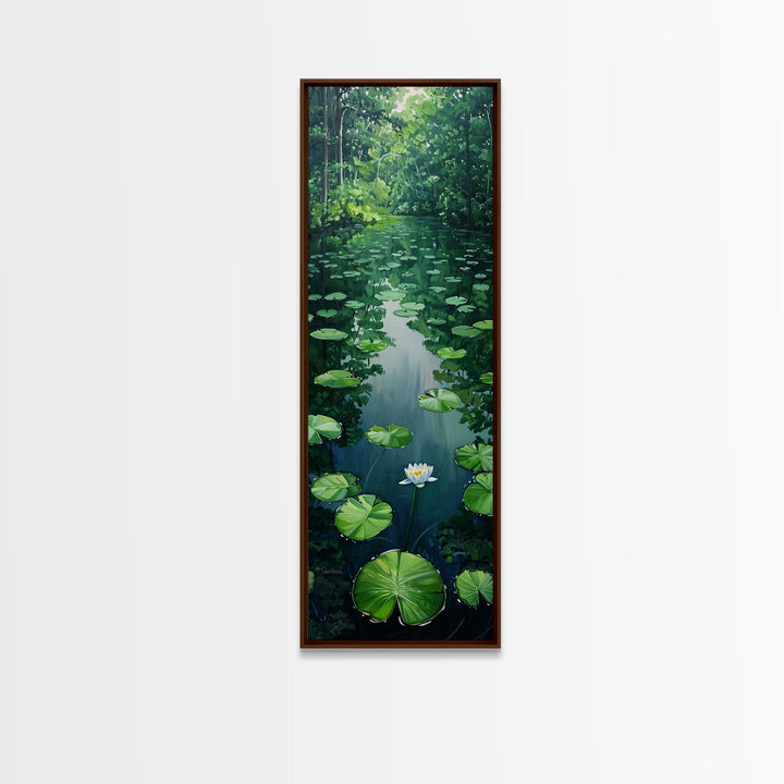 Tranquil Lily Pond Surrounded By Lush Forest, Boho And Minimalist Art For Nature Lovers, Farmhouse Wall Art In Tall Canvas Print