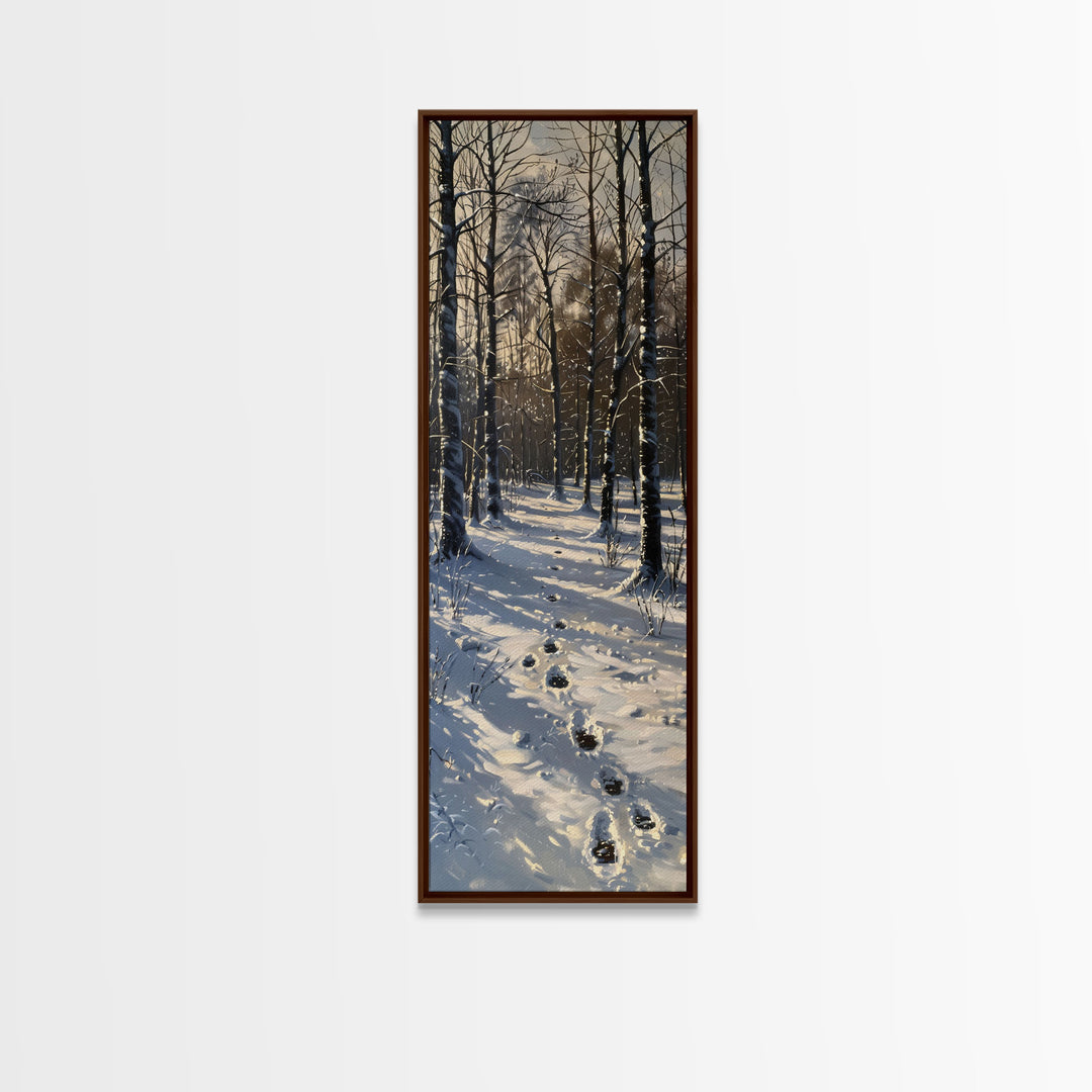 Snowy Forest Path With Footprints, Winter Scene In Farmhouse Style, Tall Canvas Print For Rustic Boho Wall Art