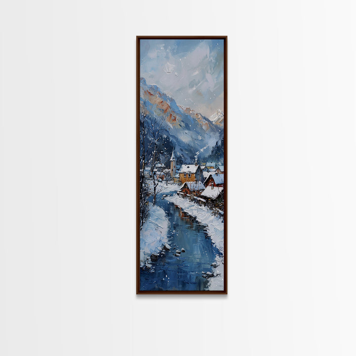 Tranquil Winter Village Scene Snowy River Minimalist Farmhouse Art Framed Canvas Print Tall Art Ukiyo-e Japanese Style Art