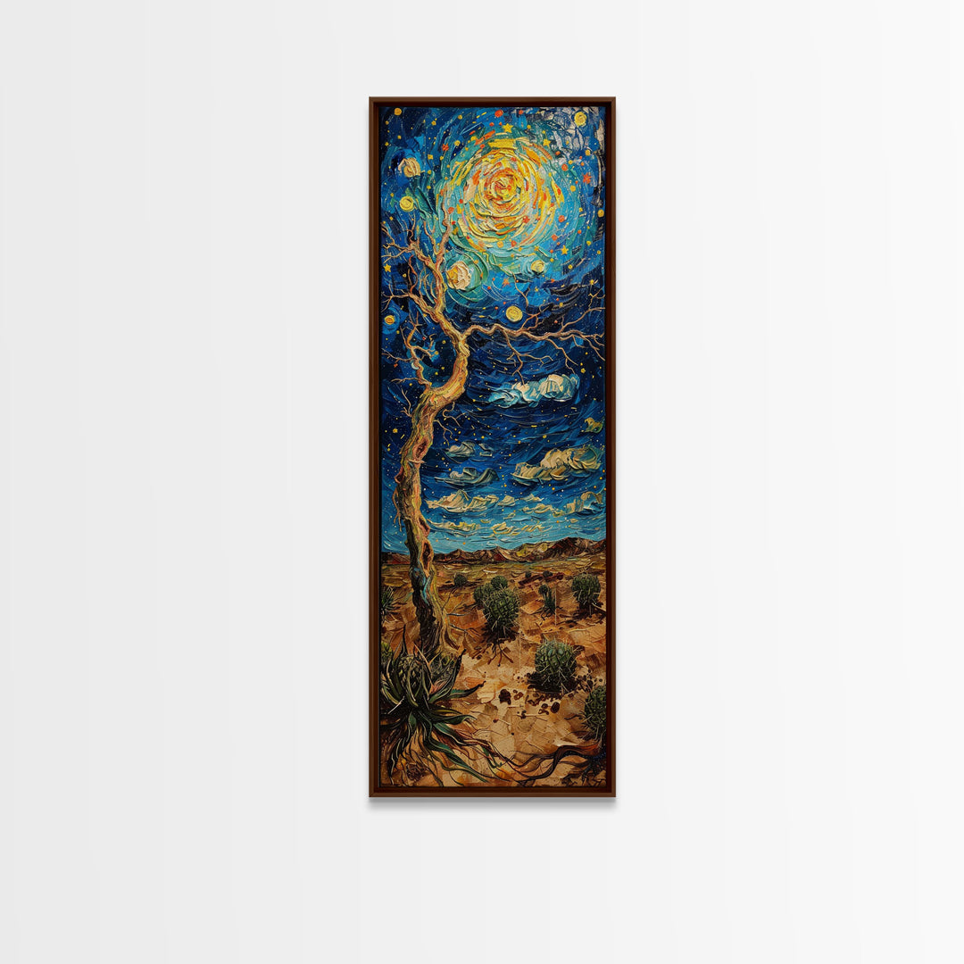 Vibrant Night Sky Desert Tree Whimsical Boho Starry Landscape Framed Canvas Print Tall Art Japanese Style Art