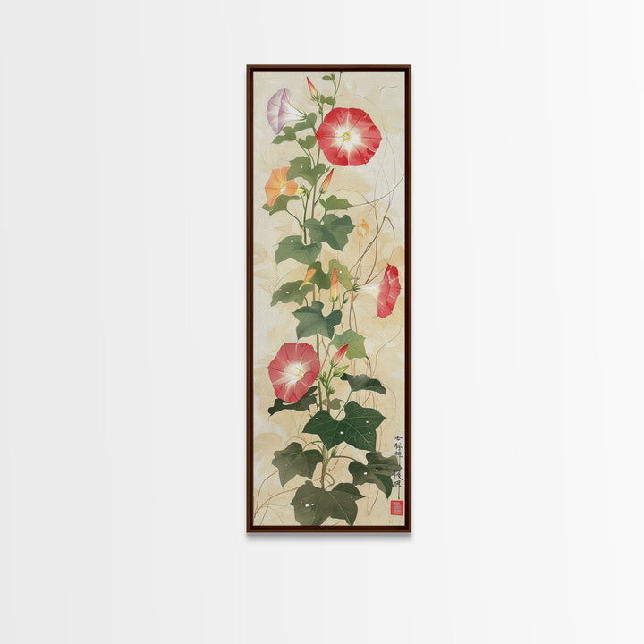 Vibrant Morning Glories Bloom Skinny Art Tall Art Japanese Ukiyo-e Inspired Floral Print Framed Canvas Wall Art