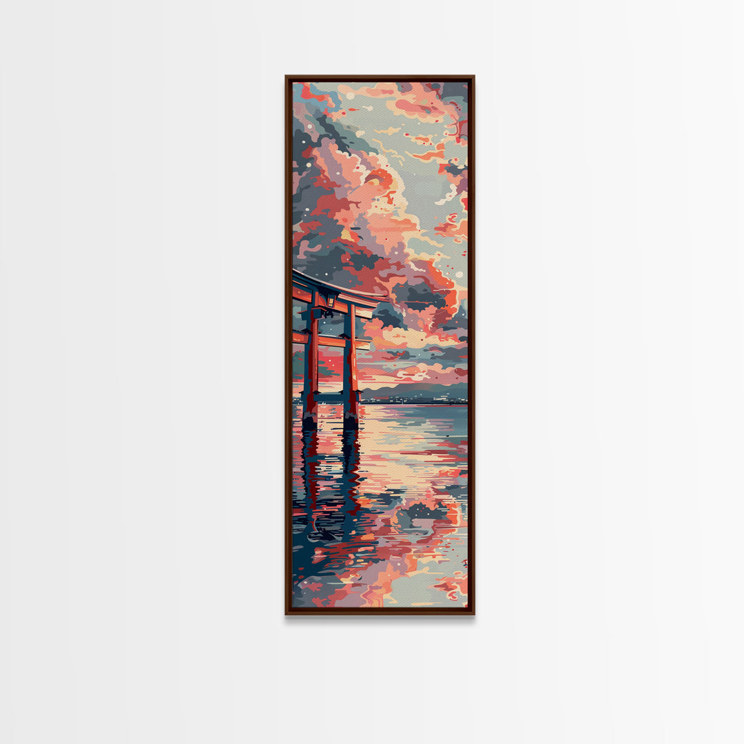 Tranquil Torii Gate Skinny Art Tall Art Japanese Ukiyo-e Inspired Spiritual Landscape Framed Canvas Print