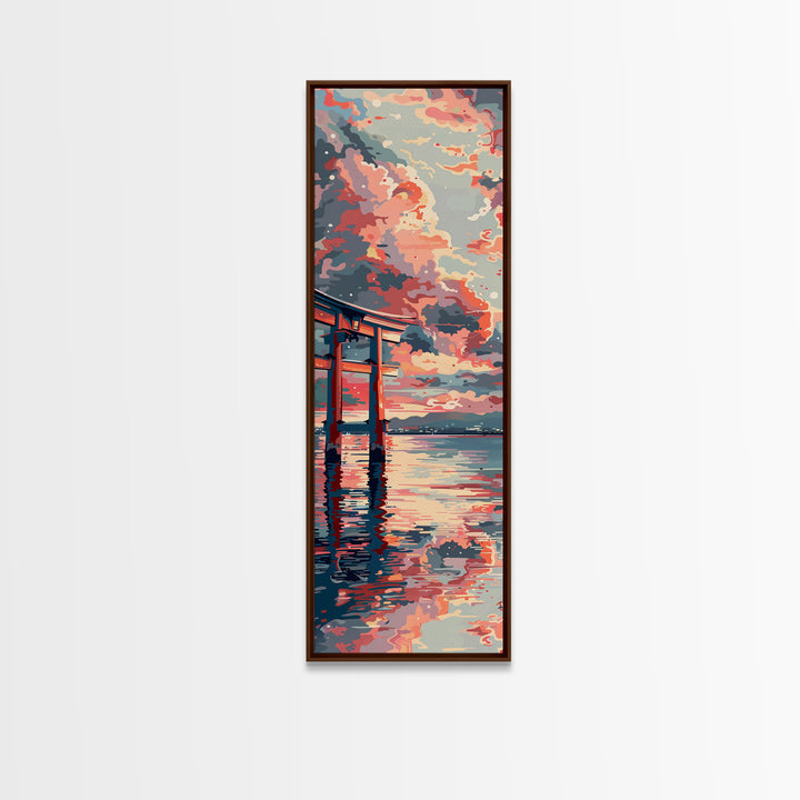 Tranquil Torii Gate Skinny Art Tall Art Japanese Ukiyo-e Inspired Spiritual Landscape Framed Canvas Print