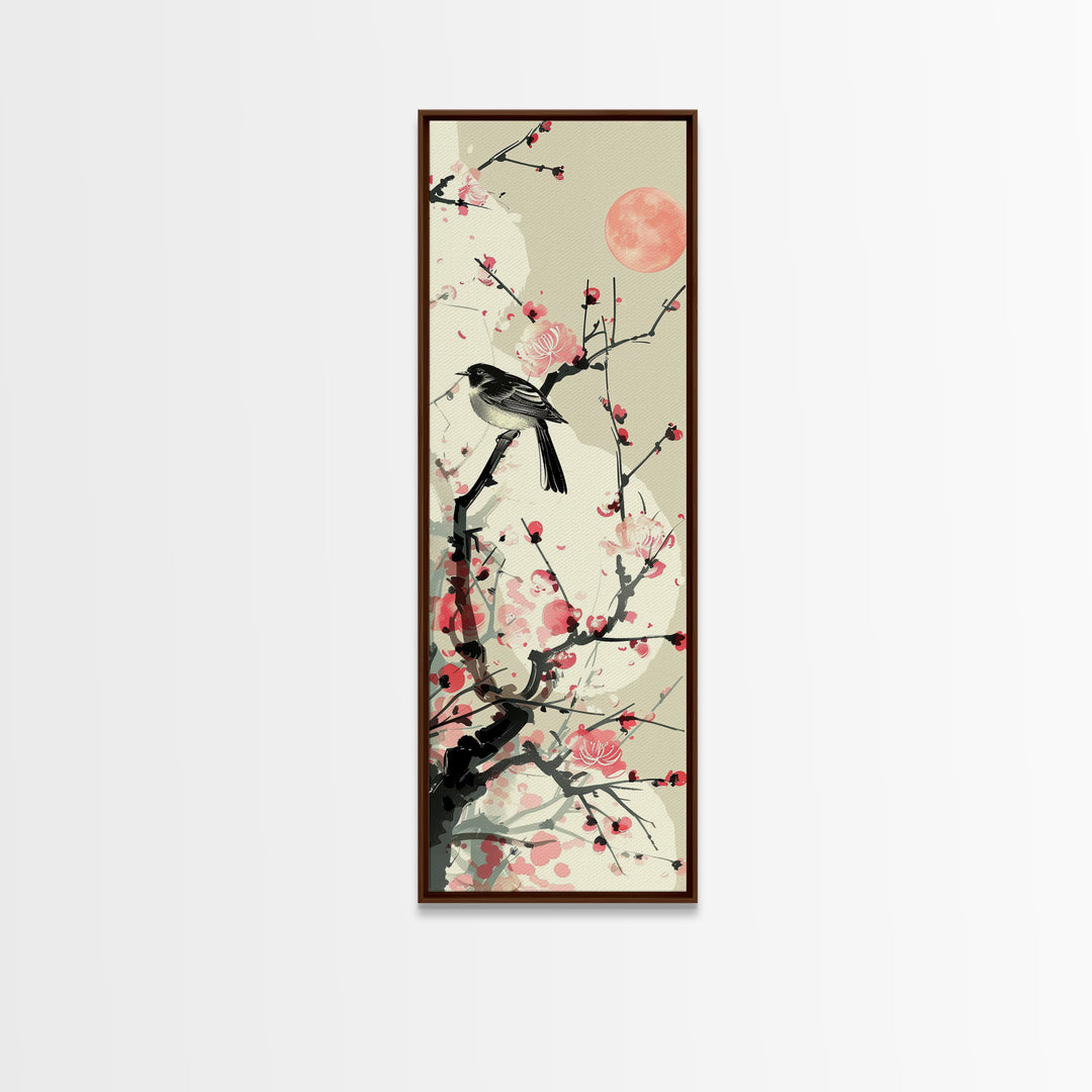 Songbird on Cherry Blossom Skinny Art Tall Art Japanese Ukiyo-e Inspired Bird and Nature Framed Canvas Print