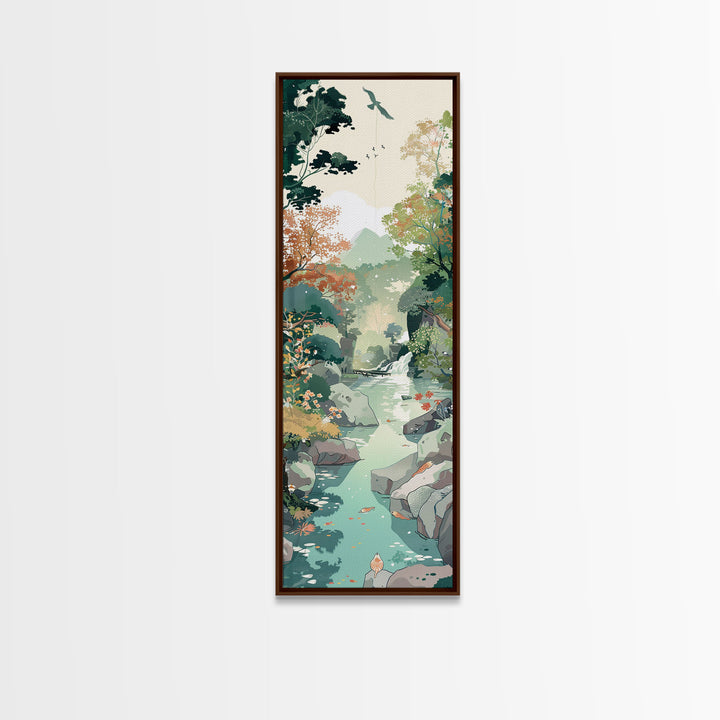 Tranquil Mountain Stream Surrounded by Autumn Leaves on Tall Vertical Japanese-Inspired Canvas Print for Nature Lovers